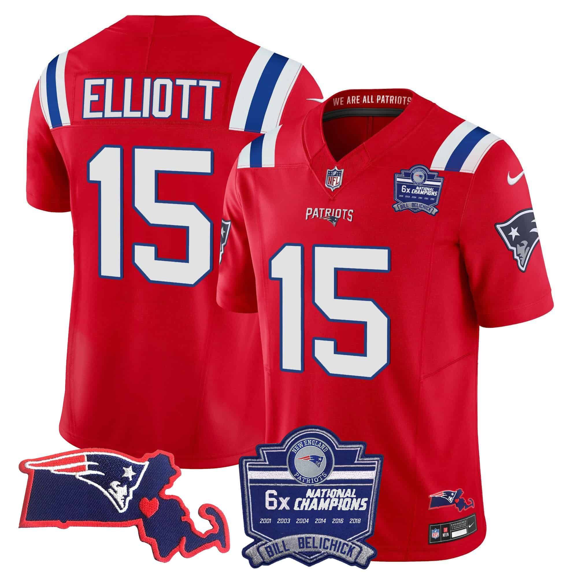 Men New England Patriots #15 Elliott Red 2024 Nike 6x Champions Patch Vapor Limited NFL Jersey
